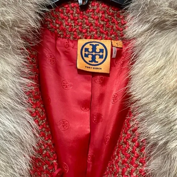Tory Burch Red Tweed Coat with Fur Trim - Picture 5 of 9